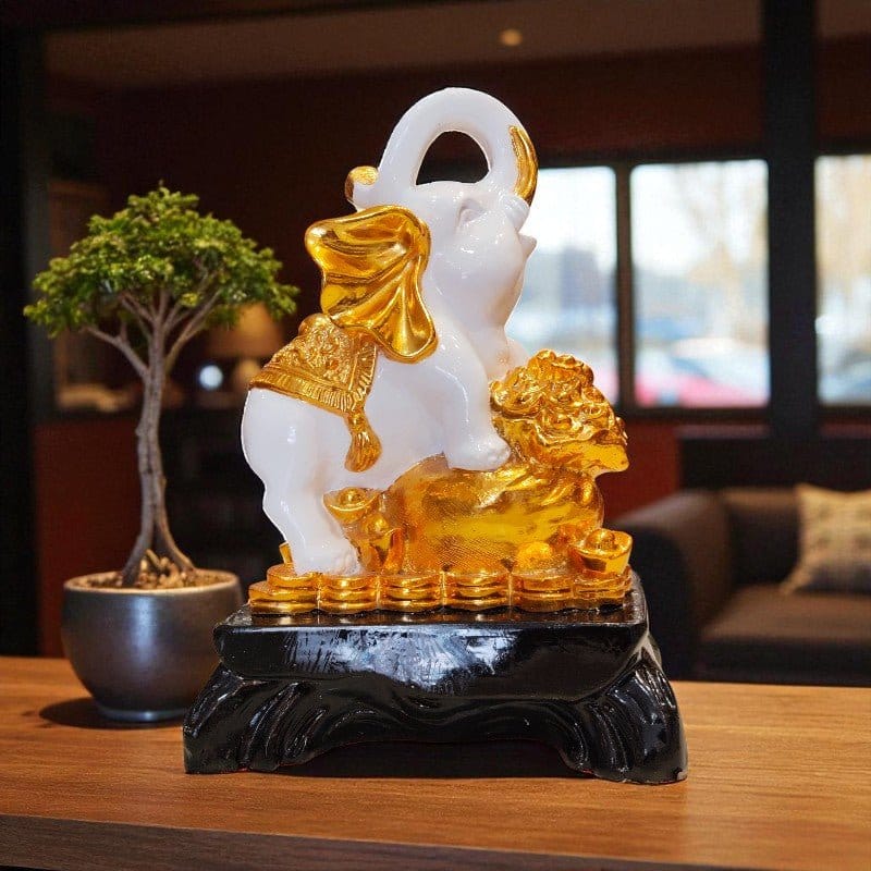 White Golden Elephant Showpiece Coin Decor Figurine Motumal-motumal