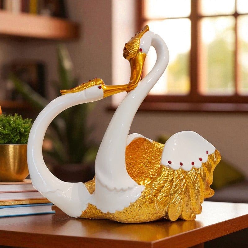 White Golden Royal Swan Couple Figurine Poly Resin Decor Motumal-motumal