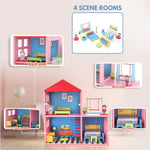 Children's dollhouse with four scene rooms including bedroom, balcony, living room, and kitchen.