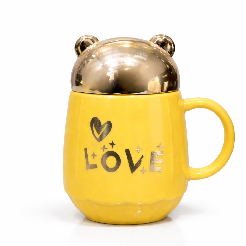 Yellow Ceramic Mug Bear Lid Gold Finish Kitchen Accessory Motumal-motumal